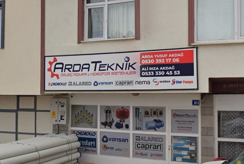 Arda Teknik tabelası ve vitrin — dalgıç pompa & hidrofor (Google Street View)