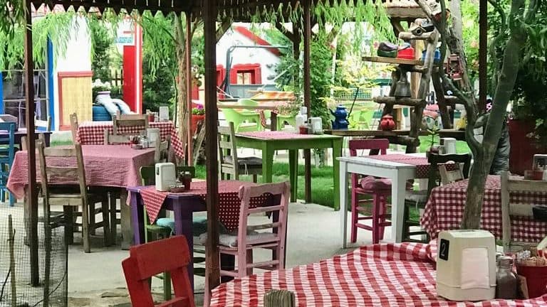 Baraka Sanat Cafe'nin doğayla iç içe bahçe oturma alanı