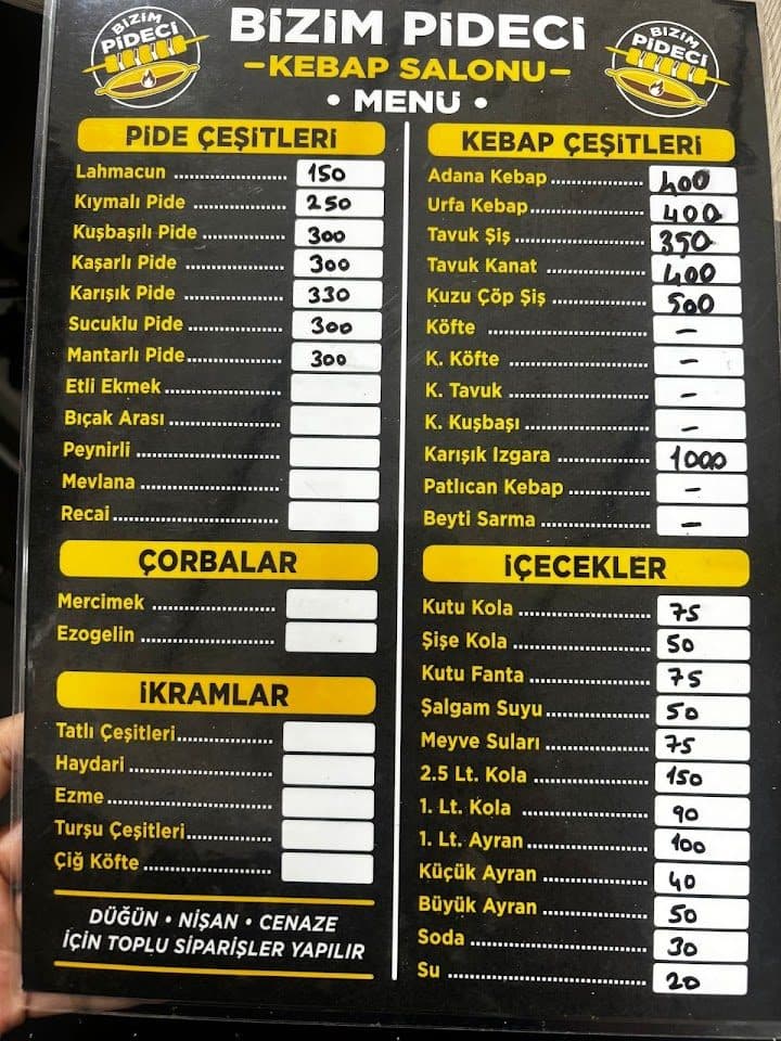 Pide, kebap ve içecek menüsü
