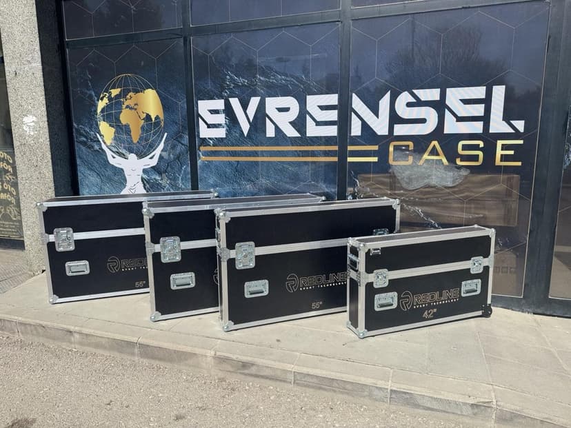 Evrensel Case atölye vitrini önünde tekerlekli flight case'ler