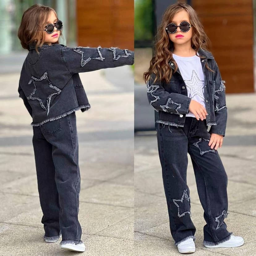 Kız çocuk denim yıldız desenli takımlar