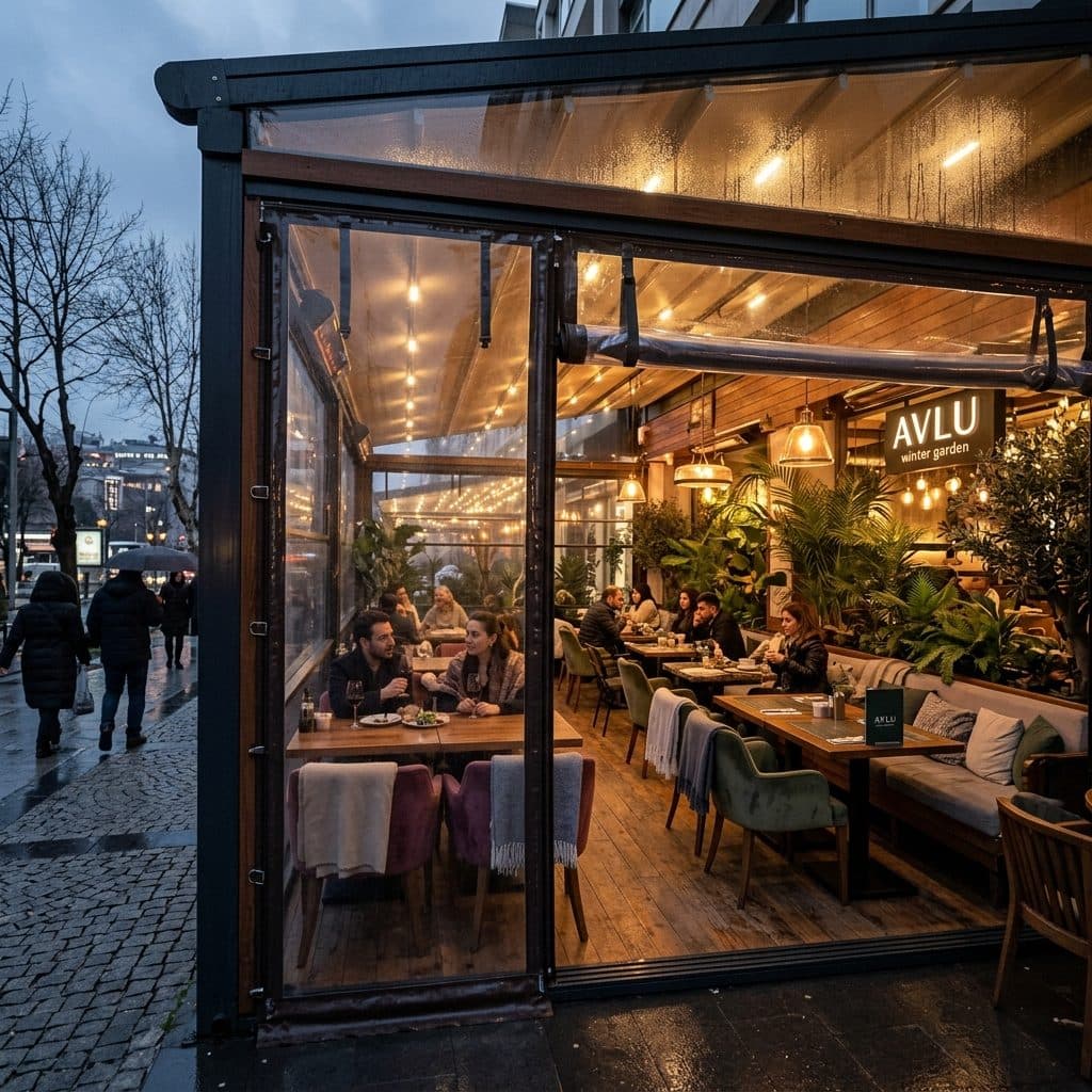 Şeffaf kış bahçesi brandası — kafe cephesi kapama