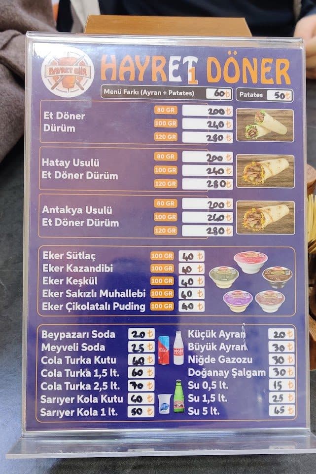 Hayret1 Döner menü ve fiyat panosu