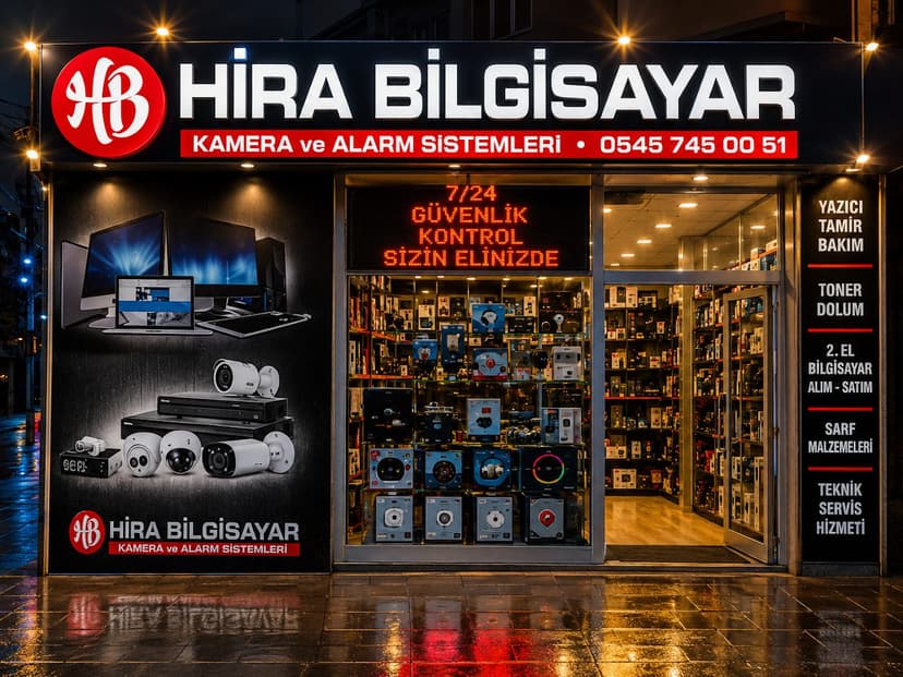 Hira Bilgisayar dükkân vitrini, gece görünümü
