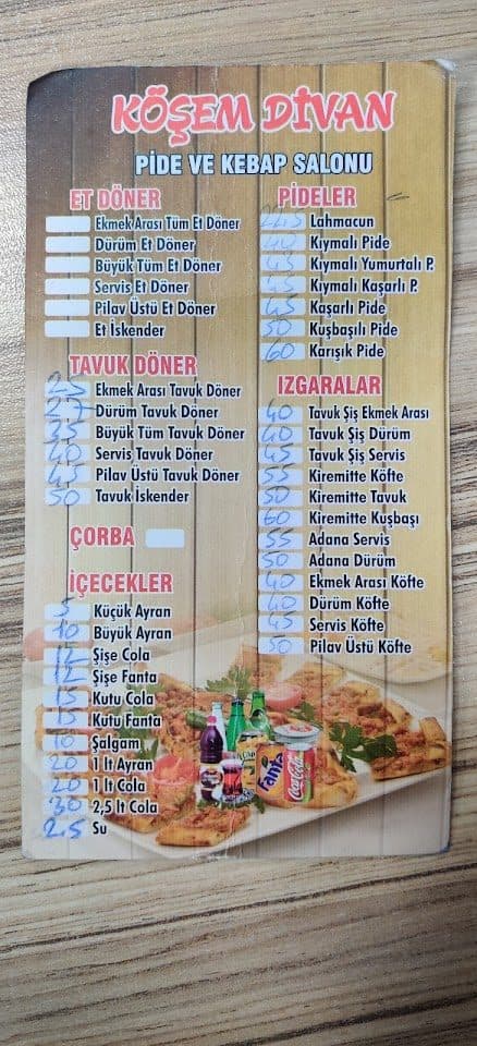 Köşem Divan menü panosu (pide, kebap, döner fiyatları)