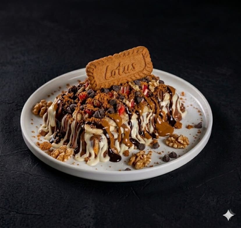 Lotuslu Brüksel waffle — çikolata ve meyve sosları ile