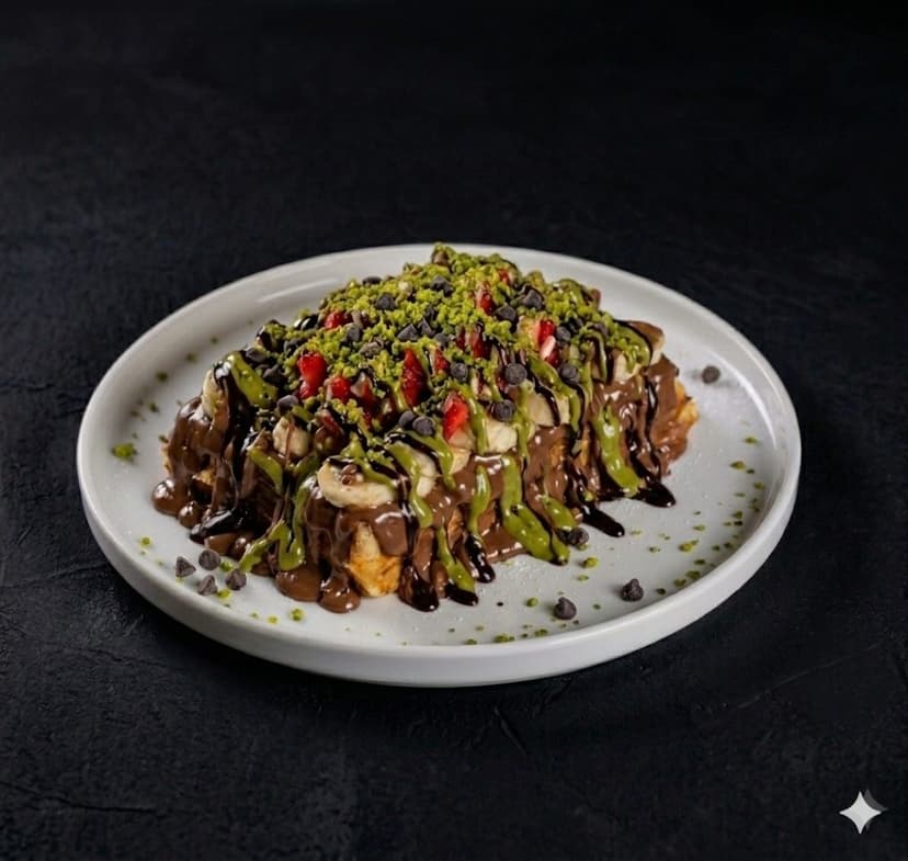 Antep fıstıklı Brüksel waffle, taze meyvelerle