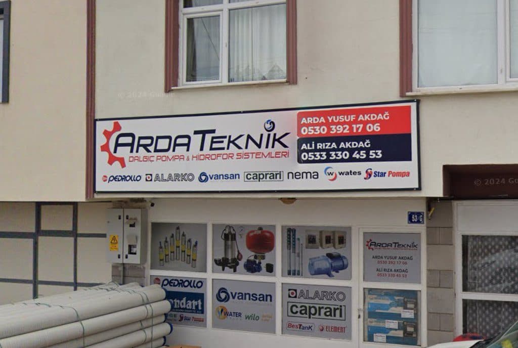 Arda Teknik tabelası ve vitrin — dalgıç pompa & hidrofor (Google Street View)