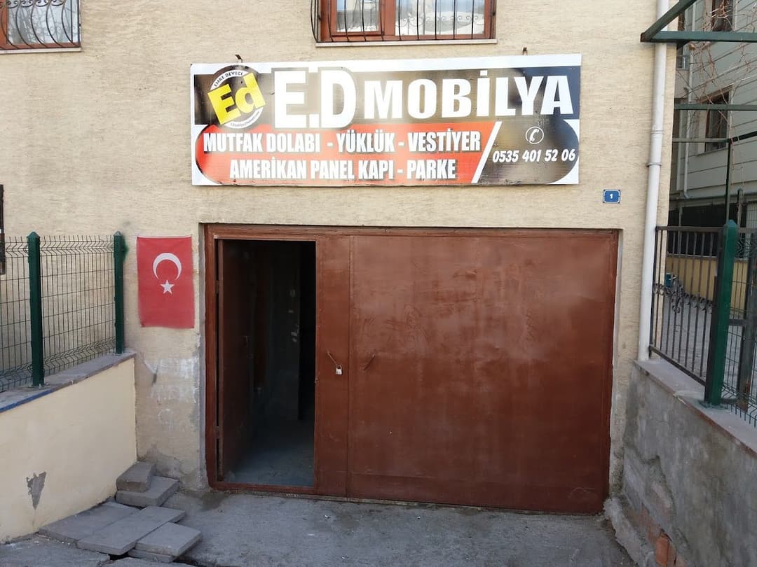 E.D Mobilya dükkân tabelası — mutfak dolabı, yüklük, vestiyer, Amerikan panel kapı, parke