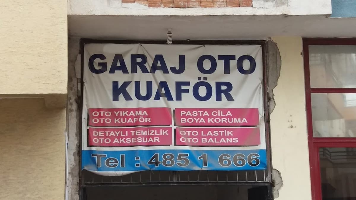 Garaj Oto Kuaför dükkân tabelası — oto yıkama, pasta cila, detaylı temizlik