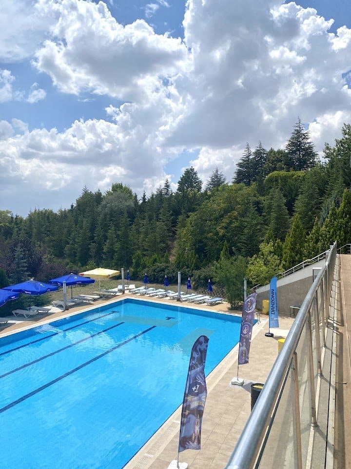 Yarı olimpik havuz ve yeşillikler